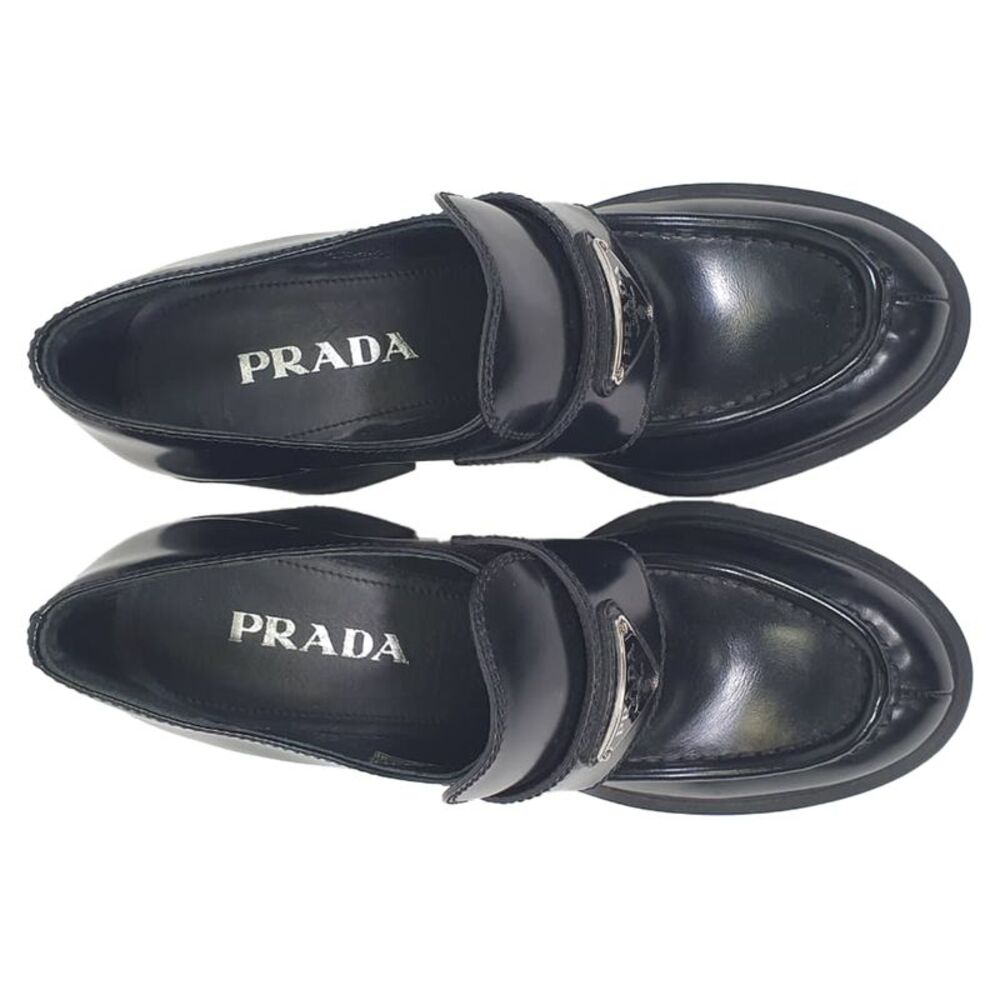 Prada Chocolate High-Heeled Loafers in Black Leather - Picture 5 of 12